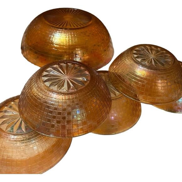 Vintage Carnival Glass Marigold Basketweave Iridescent Set of 6 Bowls - Picture 4 of 5